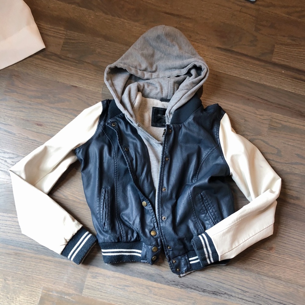 UO Obey Blue Grey White Hooded Letterman Jacket